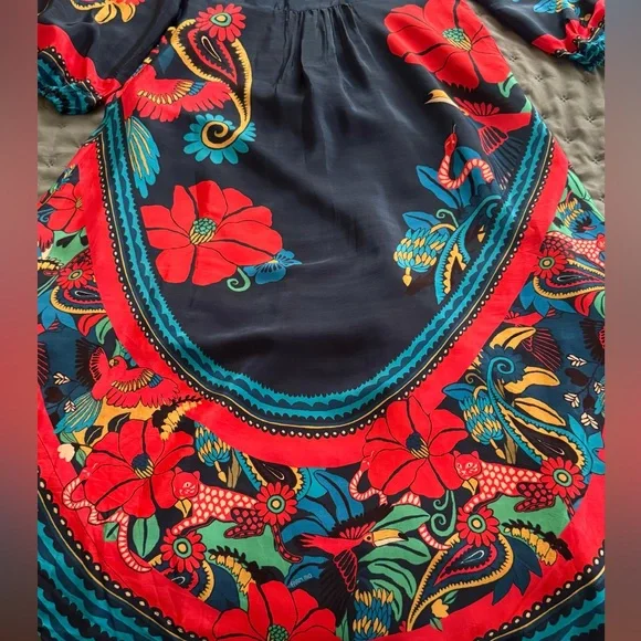 FARM Rio Blue Vintage Forest Midi Dress, Navy Blue Silky Viscose, Large - Picture 6 of 14